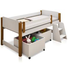 Cama Elevada Solteiro Lari com Nichos Branco e Mel