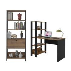Conjunto Home Office Match c/ Escrivaninha e Estante Artely, Pinho/Pre