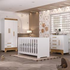 Quarto de Bebê com Guarda Roupa 3 Porta 2 Gavetas Cômoda 4 Gavetas 1 Porta e Berço 3 em 1 Catavento Maya Rodial