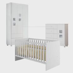 Quarto de Bebê com Berço com Suporte, Cômoda 1 Porta 4 Gavetas Life e Roupeiro 3 Portas 2