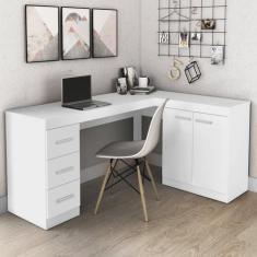 Escrivaninha Mesa Escritório em L 3 Gavetas 2 Portas 156cm - Movelbent