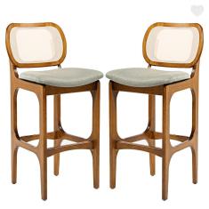 Kit 2 Banquetas para Cozinha Americana Decor Encosto Rattan Madeira Imbuia Linho Verde L84 RMI