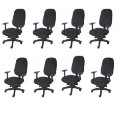 Kit 8 Unidades Cadeira Escritório Secretária Giratória com Braço Regulável em Couro Preto