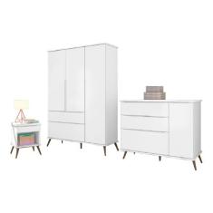 Quarto Infantil Bebê Melinda Cômoda Guarda Roupa Mesa de Apoio Branco 