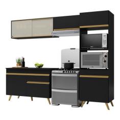 Armário de Cozinha Compacta 252cm Veneza Multimóveis V3692, Preto/Dour