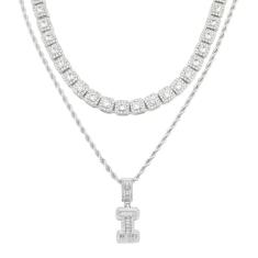 HH BLING EMPIRE Colar de corrente com pingente de letra inicial de diamante de zircônia cúbica gelada de prata, corda com pingente e corrente de tênis baguete | 2 conjuntos de colares, Zircônia