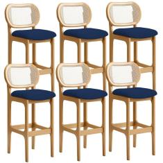 Kit 6 Banquetas Altas Betta Madeira Maciça Taeda Assento Estofado Tecido Azul Marinho Lyam Decor