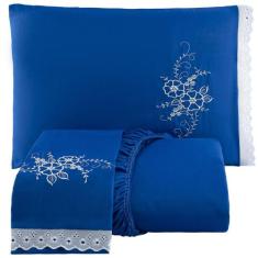 Jogo de Cama Lençol Queen Bordado Advance 3 Peças - Azul - 100% Poliés