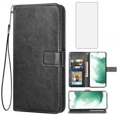Asuwish Capa carteira compatível com Samsung Galaxy S22 5G, protetor de tela de vidro temperado e capa flip de couro, suporte para cartão, acessórios de celular, capas para celular para Gaxaly S 22