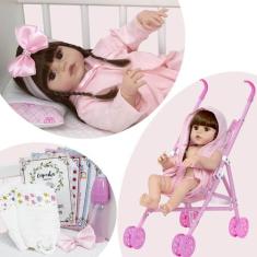 Boneca Tipo Reborn Cabelo Castanho Com Carrinho Infantil - Cegonha Reb