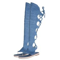 1 Par Chinelos Planos Sandálias Abertas Botas De Gladiador Pretas Bota Preta Sandálias De Verão Ao Ar Livre Botas Pretas Parte Superior: Jeans De Praia Senhorita Tira De Tornozelo