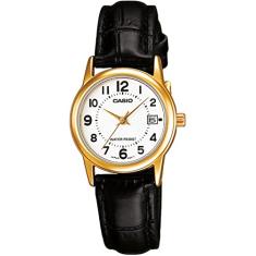 Casio Relógio analógico feminino de quartzo com pulseira de couro LTP-V002GL-7BUDF, branco, pulseira., Branco, Alça.
