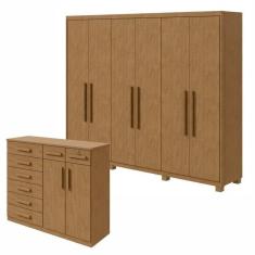 Conjunto de Guarda-Roupa 6 Portas com Pés Áries e Cômoda Toronto Amêndoa Clean