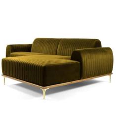 Sofá 3 Lugares com Chaise Base de Madeira Euro 230 cm Veludo Mostarda 