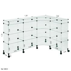 Balcão de Atendimento L Modulado em Vidro com Rodízios 1,50 x 1,10 x 1,00