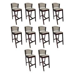 Kit 10 Banquetas Alta de Madeira Maciça Castanho Premium Ana com Encos