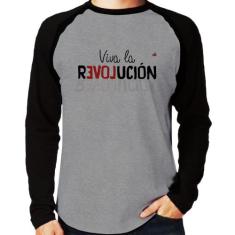 Camiseta Raglan Viva la Revolución Manga Longa - Foca na Moda, Cinza, 