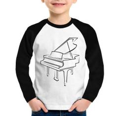 Camiseta Raglan Infantil Piano Manga Longa - Foca na Moda, Branco, Pre