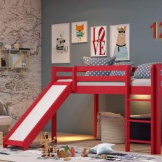 Cama Alta Kids com Escorregador em Madeira Maciça/MDF Vermelho