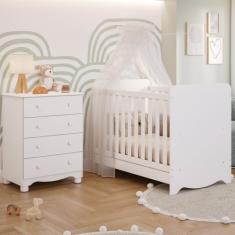 Quarto de Bebê Completo Berço Americano Ben 3 Em 1 Cômoda Júnior Simples 4 Gavetas Branco Carvalho 100% Mdf Móveis Peroba Branco Brilho