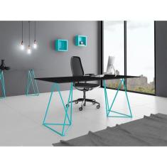 Escrivaninha Bela Vista Cavalete Tampo Preto Base Ferro Azul Turquesa 