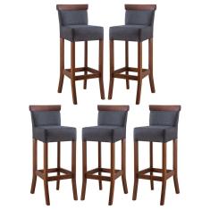 Kit 5 Banquetas Alta com Encosto Estofado Diamantina em Madeira Maciça Imbuia Linho Cinza L67 RMI