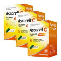 Kit 3 AscorVit C 1000mg Vitamina C e Zinco 30 Caps Maxinutri