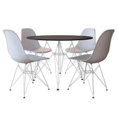 Mesa Jantar Eames De Ferro Branca Tampo Redondo 90cm Preto 4 Cadeiras 