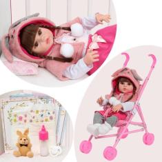 Boneca Reborn Realista Menina Coelhinha 46cm Com Carrinho - Cegonha Re