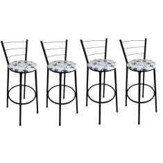 Kit 4 Banquetas Alta Preta com Encosto Assento Branco Floral Jaddi