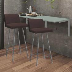 Kit Mesa Suspensa de Parede Fixa mdf Verde Oliva + 2 Banquetas Lexi Ferro Cinza Suede Marrom - Ahazzo Móveis