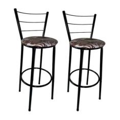 Kit 2 Banquetas Altas Preta com Encosto Assento Floral Marrom - Fortmi