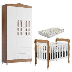 Berço Americano Lila e Guarda Roupa Infantil New Selena 3 Portas Branco Acetinado Amadeirado com Colchão Gazin - Carolina Móveis