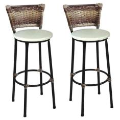 Kit 2 Banquetas Altas Preta com Encosto Junco Capuccino Assento Branco