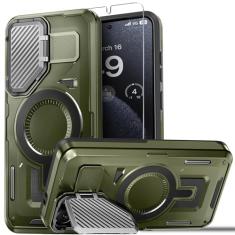 BPOASE Capa magnética para Samsung Galaxy S24 FE Capa de câmera de metal integrada com suporte, [compatível com Magsafe] Capa protetora resistente à prova de choque de grau militar com protetor de