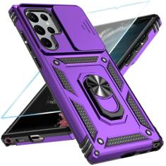 SunStory Capa de celular para Samsung Galaxy S22 Ultra 5G com protetor de tela HD e capa de câmera deslizante e suporte de anel girado, [grau militar] [2 em 1] capa de telefone para Galaxy S22 Ultra