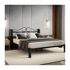 Cama Casal Ferro Com Cabeceira Preta E Estrado Em Pinus