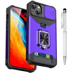 Capa de TPU compatível com iPhone 15 Plus com protetor de câmera | Suporte de anel giratório de 360° | Capa de lente deslizante resistente a impactos | Capa protetora com suporte para cartão magnético