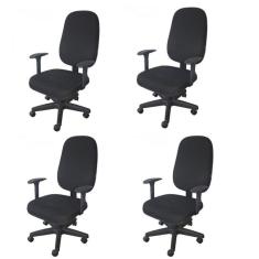 Kit 4 Unidades Cadeira Escritório Secretária Giratória com Braço Regulável em Couro Preto