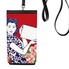 Bolsa feminina vermelha da cultura chinesa para celular com bolso preto