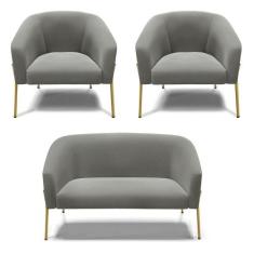 Sofá Namoradeira E 2 Poltronas Pé De Ferro Dourado Stella Suede D03 - 