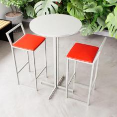Conjunto Mesa Alta Bar Bistrô Redonda Branca 2 Banquetas Confort Estof