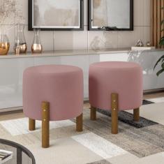 Kit 2 Puffs Decorativo Redondo Banqueta Sala Quarto Escritório Pés Mad