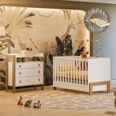 Quarto de Bebê Fantasia com Cômoda 4410 e Berço 4300 Qmovi Branco Acetinado + Colchão Gazin