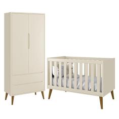 Jogo de Quarto Infantil Theo Retrô Guarda Roupa 2 Portas e Berço com Pés Amadeirado - Reller Móveis Areia Fosco