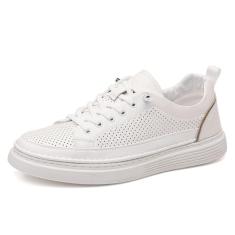 Tênis masculino branco de couro legítimo, versátil, casual, respirável, vazado, cano baixo, Branco, 38
