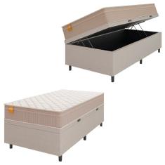 Cama Box Baú Solteiro Colchão Molas Qatar 88x188x63cm Bege/branco Inducol - Suporta Até 200 Kg Por Pessoa