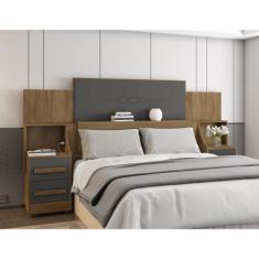 Cabeceira Casal Extensível com 2 Mesas de Cabeceira 4 Gavetas 2 Tomada