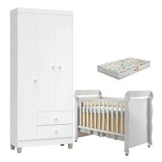 Berço Americano Mirelle Com Colchão Gazin E Guarda Roupa Ternura Baby 3 Portas Branco Brilho - Incorplac