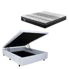 Cama Box Baú Casal 138x188cm em Courino com Colchão GranSleep Molas Verticoil Ecoflex Branco/Preto